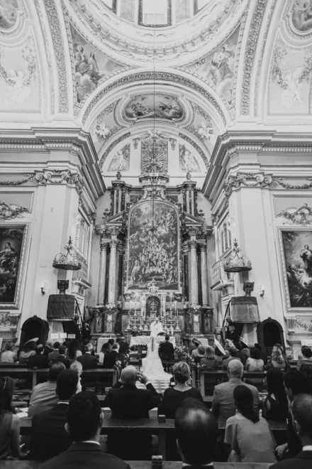 Black and white photo of the chapel during the wedding